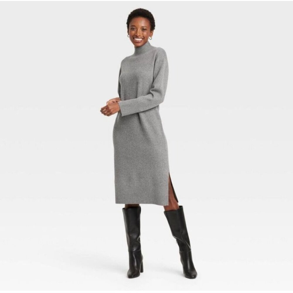 A New Day Midi Gray Sweater Dress Side Slit High Neck Long Sleeve XS NWT
